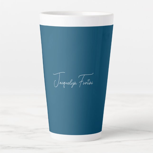 Ocean Blue Plain Elegant Minimalist Calligraphy Latte Mug (Front)