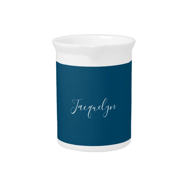 Ocean Blue Plain Elegant Modern Calligraphy Name Beverage Pitcher (Front)