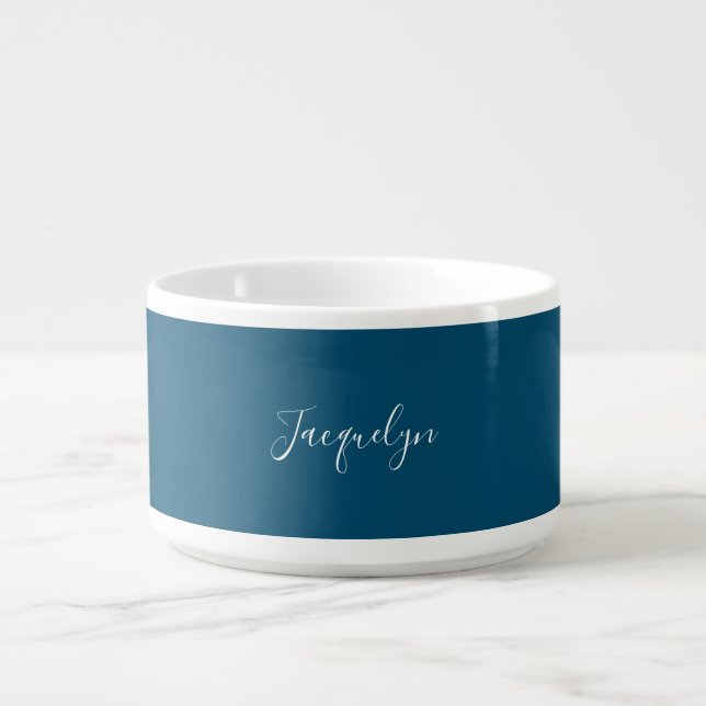 Ocean Blue Plain Elegant Modern Calligraphy Name Bowl (Center)