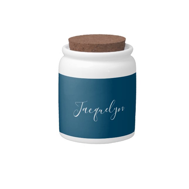 Ocean Blue Plain Elegant Modern Calligraphy Name Candy Jar (Front)