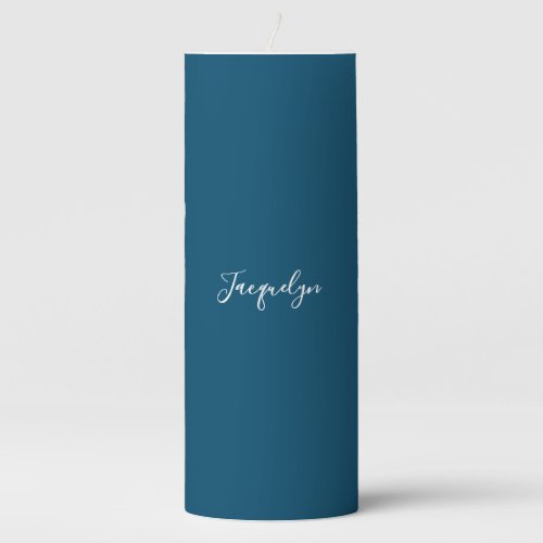 Ocean Blue Plain Elegant Modern Calligraphy Name Pillar Candle