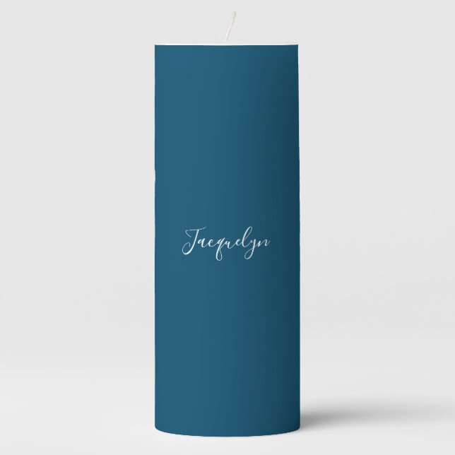 Ocean Blue Plain Elegant Modern Calligraphy Name Pillar Candle (Front)