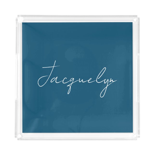 Ocean Blue Plain Elegant Modern Minimalist Name Acrylic Tray (Front)
