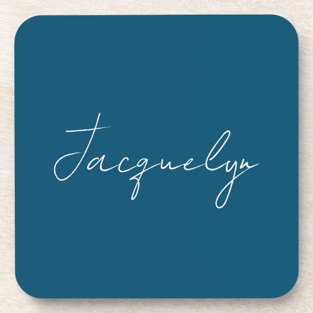 Ocean Blue Plain Elegant Modern Minimalist Name Beverage Coaster (Front)