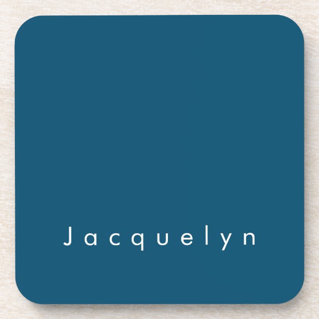 Ocean Blue Plain Elegant Modern Minimalist Name Beverage Coaster (Front)