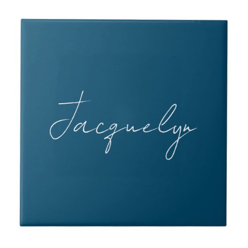 Ocean Blue Plain Elegant Modern Minimalist Name Ceramic Tile