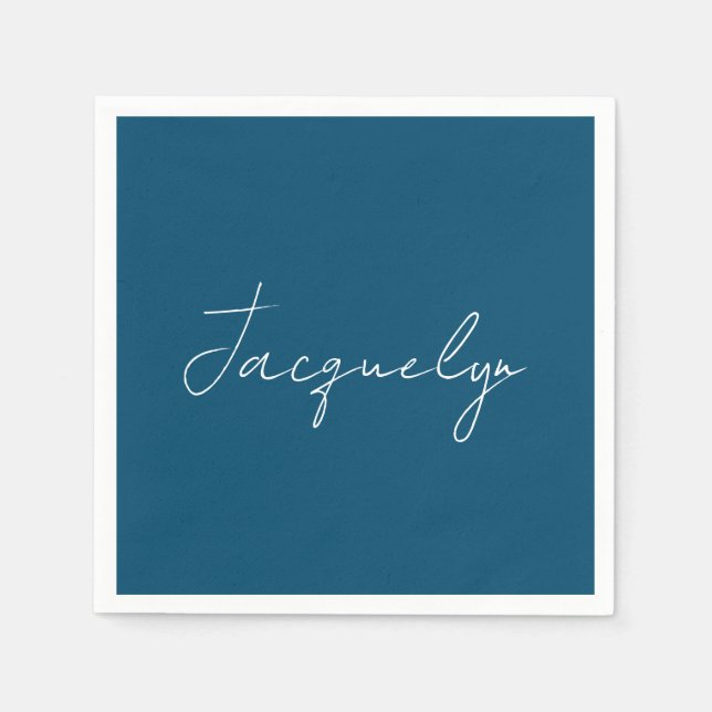 Ocean Blue Plain Elegant Modern Minimalist Name Napkins (Front)