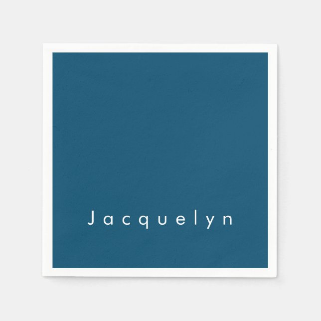 Ocean Blue Plain Elegant Modern Minimalist Name Napkins (Front)