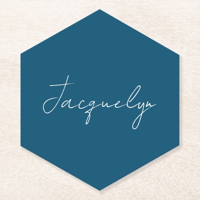 Ocean Blue Plain Elegant Modern Minimalist Name Paper Coaster (Front)