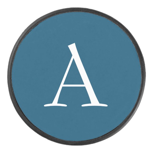 Ocean Blue Plain Elegant Modern Monogram Initial Hockey Puck (Front)