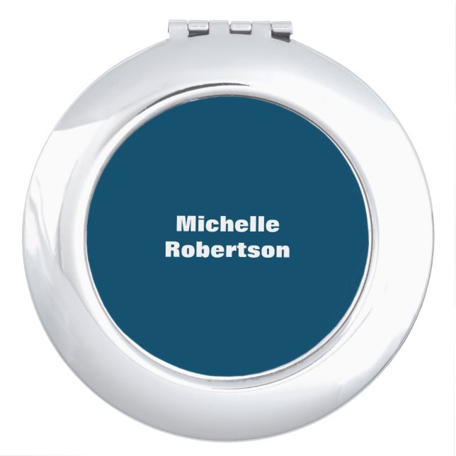 Ocean Blue Plain Minimalist Add Own Name Compact Mirror (Front)