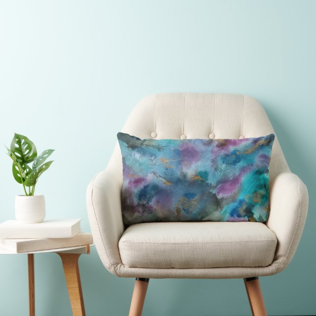 Ocean Blue Purple Gold Watercolor Abstract  Art Lumbar Pillow (Chair)
