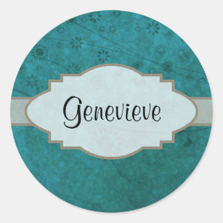 Ocean Blue Retro Floral Abstract Nameplate Classic Round Sticker
