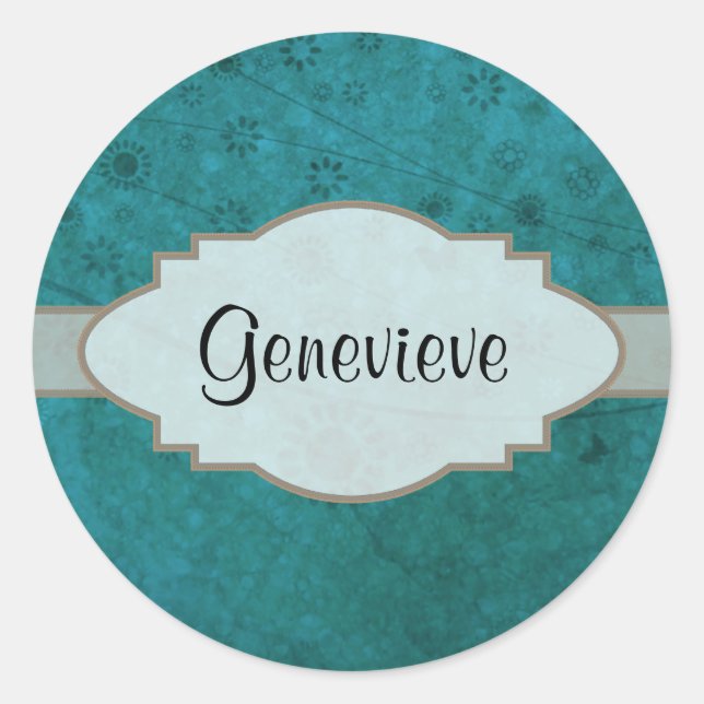 Ocean Blue Retro Floral Abstract Nameplate Classic Round Sticker (Front)