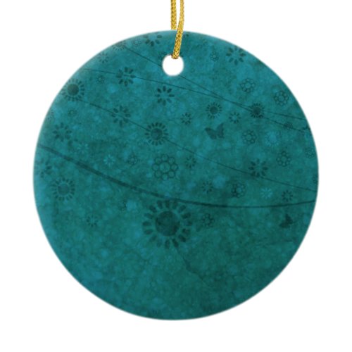 Ocean Blue Retro Flowers and Butterflies Abstract Ceramic Ornament