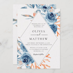 Ocean Blue Rose Coral Destination Wedding Invitation
