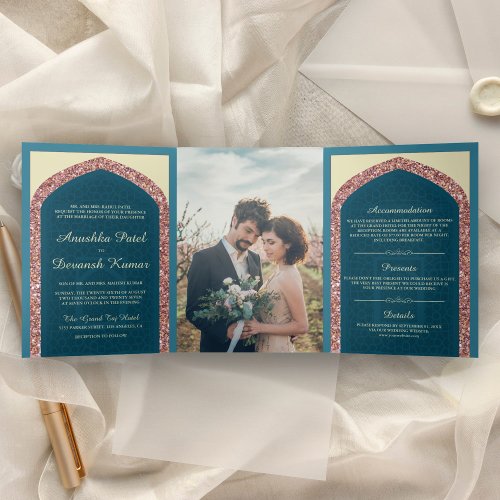 Ocean Blue Rose Gold Glitter Indian Wedding Tri_Fold Invitation