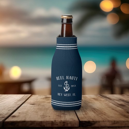 Ocean Blue Rustic Anchor Personalized Boat Name Bottle Cooler