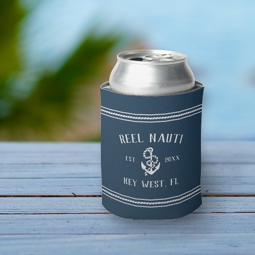Ocean Blue Rustic Anchor Personalized Boat Name Can Cooler
