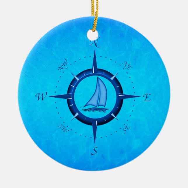Ocean Blue Sailboat And Compass Rose Ceramic Ornament (Front)