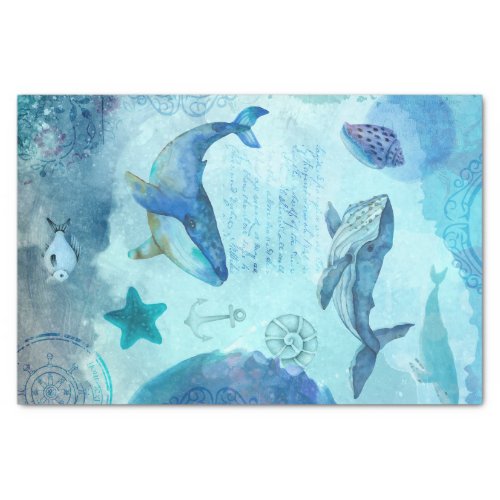 Ocean Blue Seascape with Whales Tissue Paper
