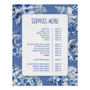 Ocean Blue Seashells Services Menu Poster