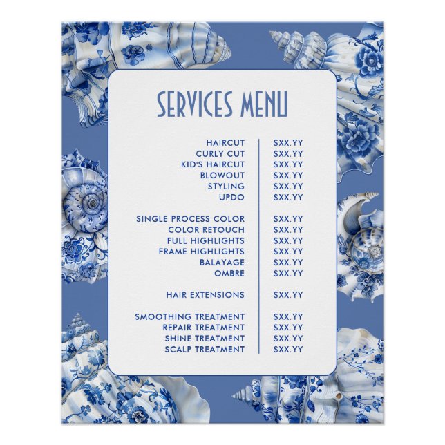 Ocean Blue Seashells Services Menu Poster (Front)
