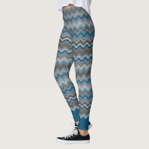 Ocean Blue Silver Grey Gray Wavy Pattern Leggings