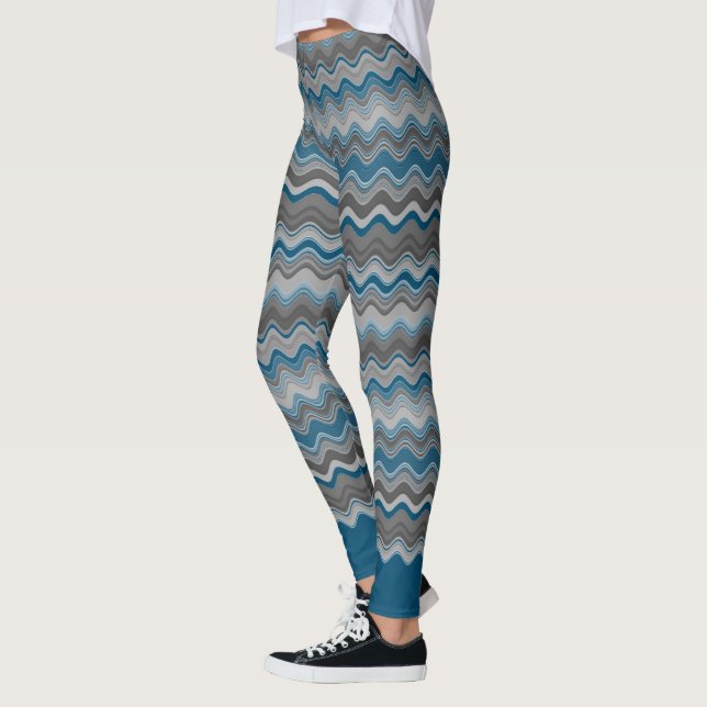 Ocean Blue Silver Grey Gray Wavy Pattern Leggings (Left)