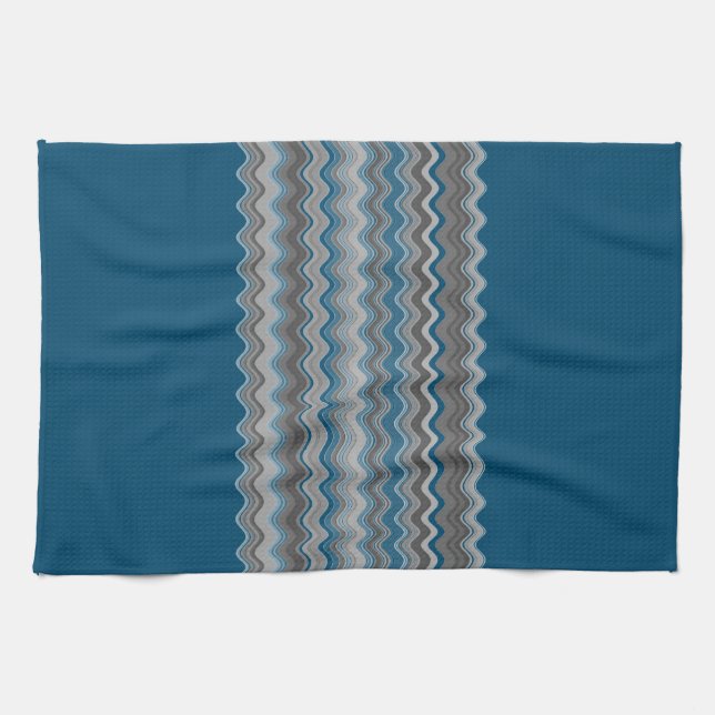Ocean Blue Silver Grey Gray Wavy Zigzag Pattern Le Kitchen Towel (Horizontal)