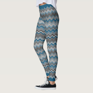 Ocean Blue Silver Grey Gray Wavy Zigzag Pattern Leggings