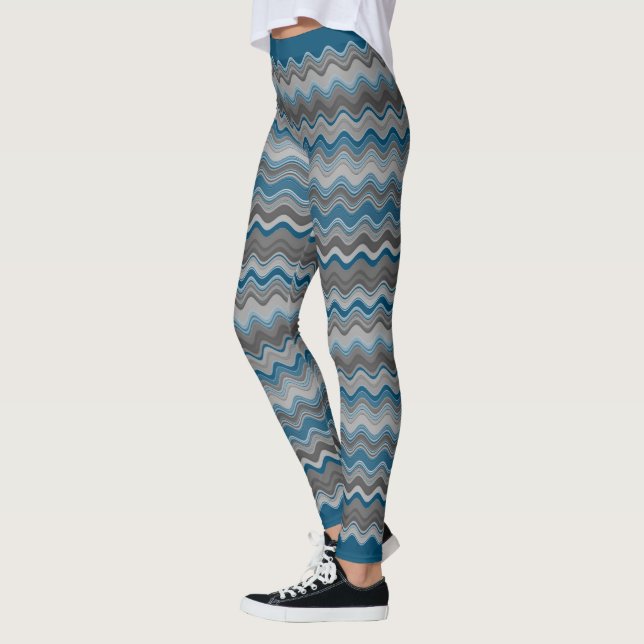 Ocean Blue Silver Grey Gray Wavy Zigzag Pattern Leggings (Left)
