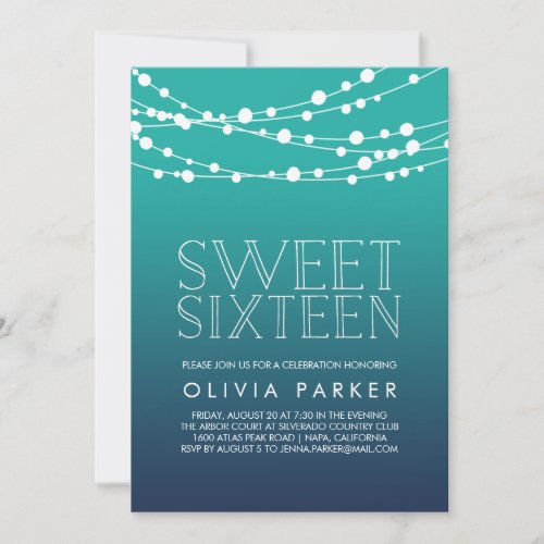 Ocean Blue String Lights Sweet Sixteen Invitation