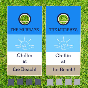 Ocean Blue Stripes Tan Family Name Beach House Cornhole Set