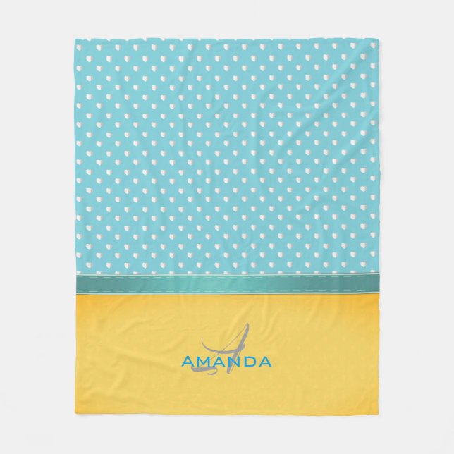 Ocean Blue, Sunny Beach, Silver Hearts Monogram Fleece Blanket (Front)