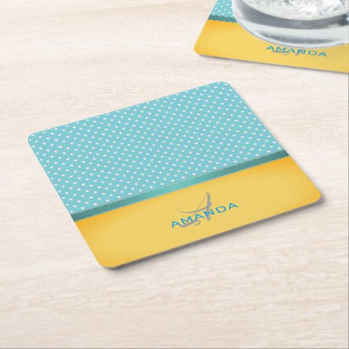 Ocean Blue Sunny Beach Silver Hearts Monogram Square Paper Coaster