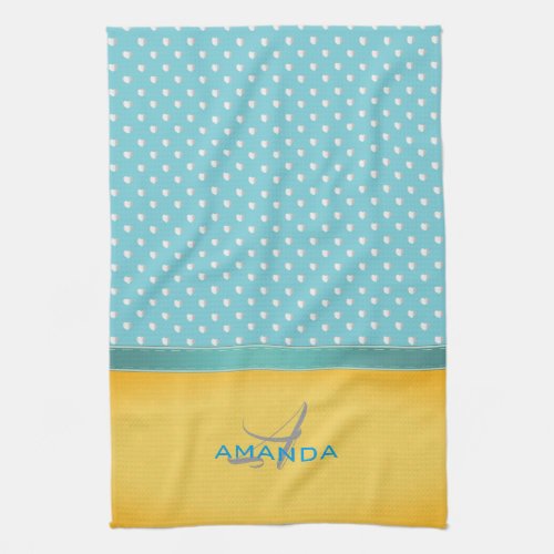 Ocean Blue Sunny Beach Silver Hearts Monogram Towel