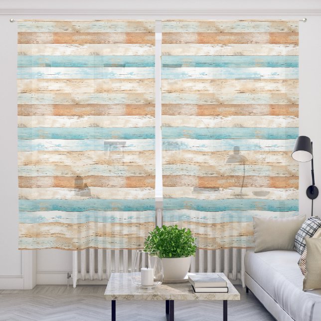 Ocean Blue Tan Wood Beach Pattern Sheer Curtains (Living Room)