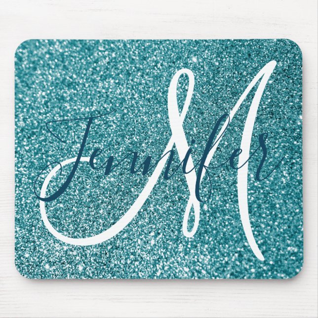 Ocean Blue Teal Faux Glitter Personalized Monogram Mouse Pad (Front)