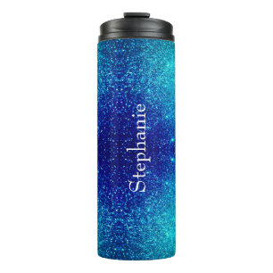 Ocean Blue Teal Glittery Ombre Custom Name Cute Thermal Tumbler
