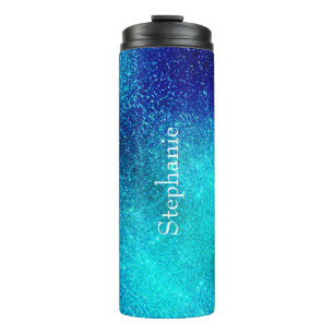 Ocean Blue Teal Glittery Ombre Custom Name Cute Thermal Tumbler