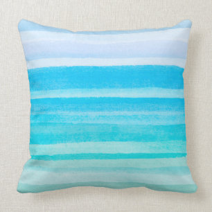 Ocean Blue Teal Watercolor Ombre Stripe Throw Pillow