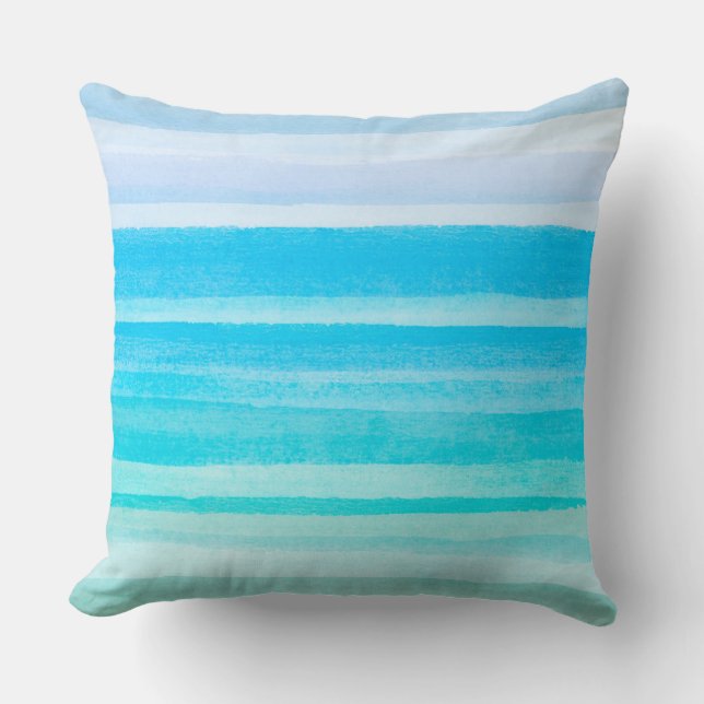 Ocean Blue Teal Watercolor Ombre Stripe Throw Pillow (Front)