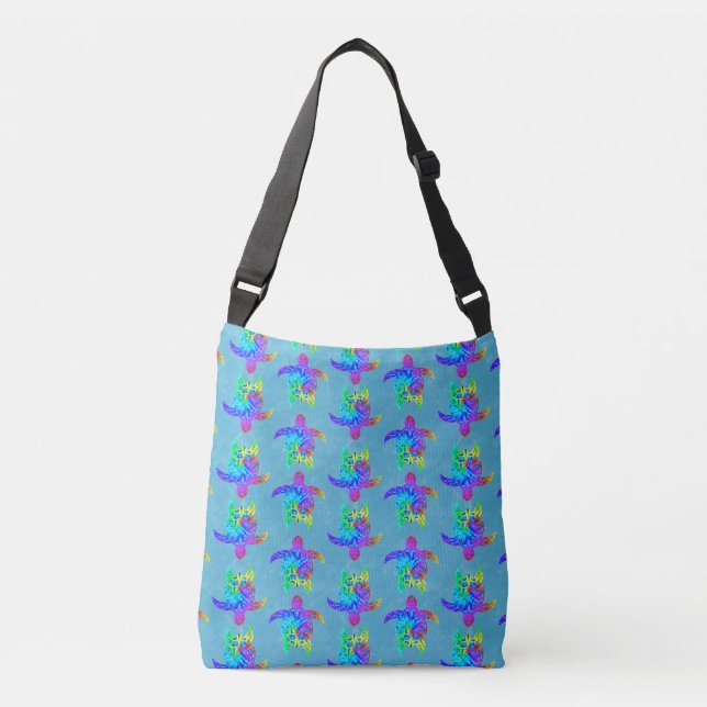 Ocean Blue Tie Dye Island Tribal Turtles Crossbody Bag (Front)