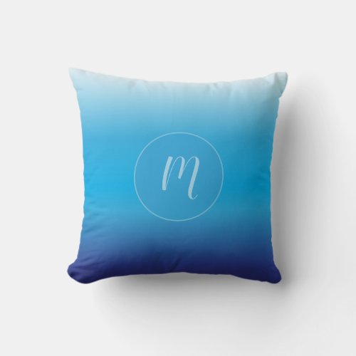 Ocean Blue to White Ombre Fading Monogrammed Throw Pillow