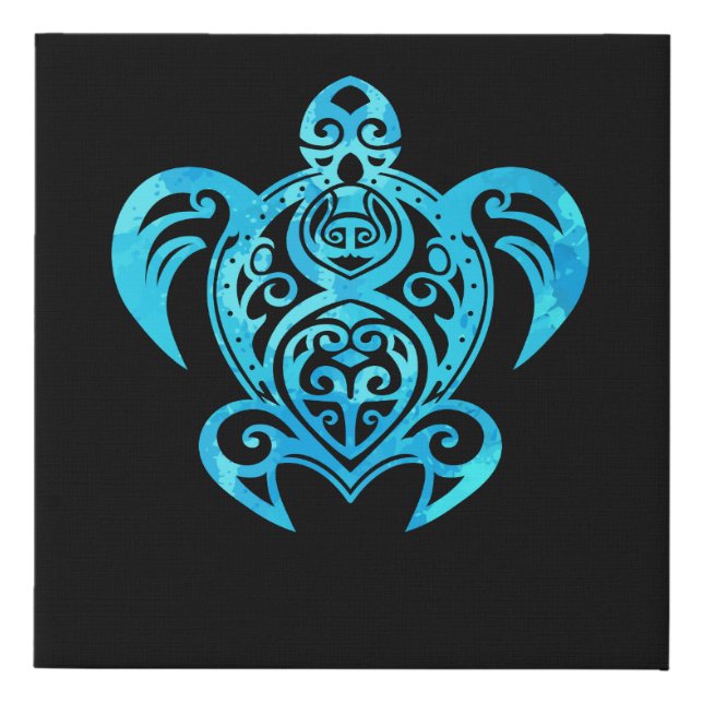 Ocean Blue Tribal Hawaiian Sea Turtle Faux Canvas Print (Front)