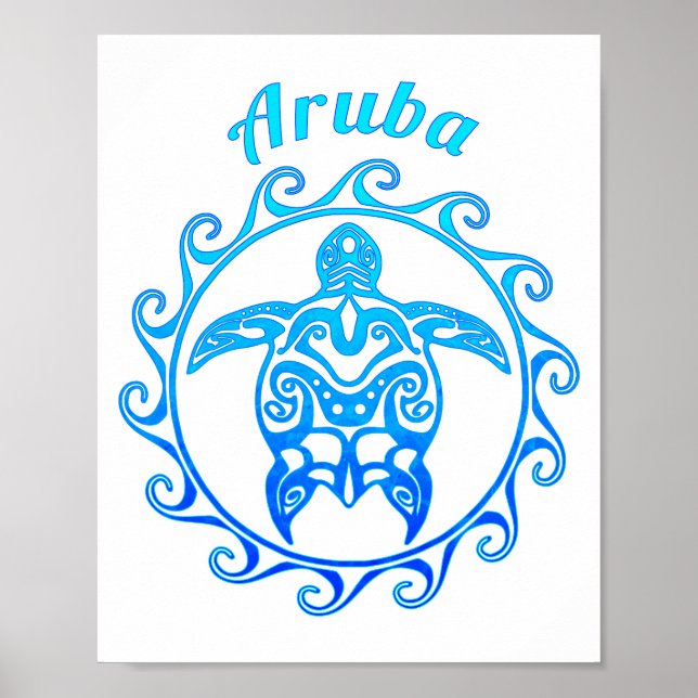 Ocean Blue Tribal Turtle Aruba Poster (Front)