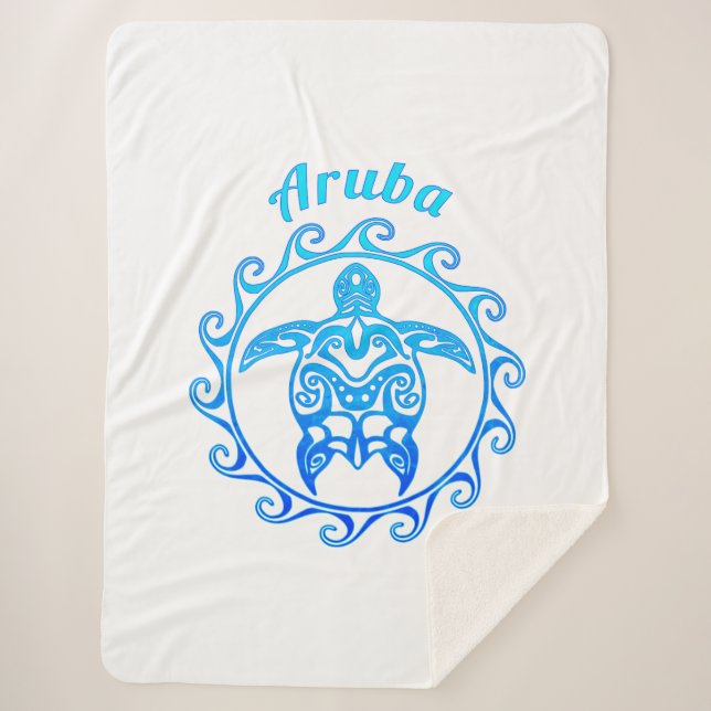 Ocean Blue Tribal Turtle Aruba Sherpa Blanket (Front)