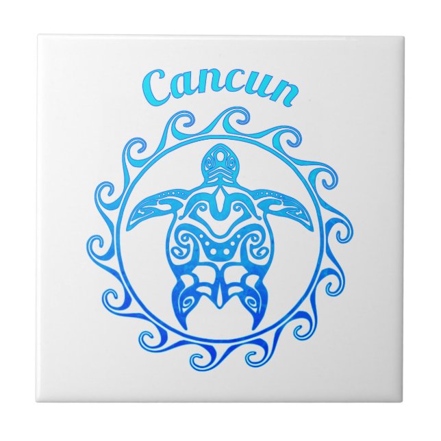 Ocean Blue Tribal Turtle Cancun Ceramic Tile (Front)