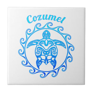 Ocean Blue Tribal Turtle Cozumel Ceramic Tile